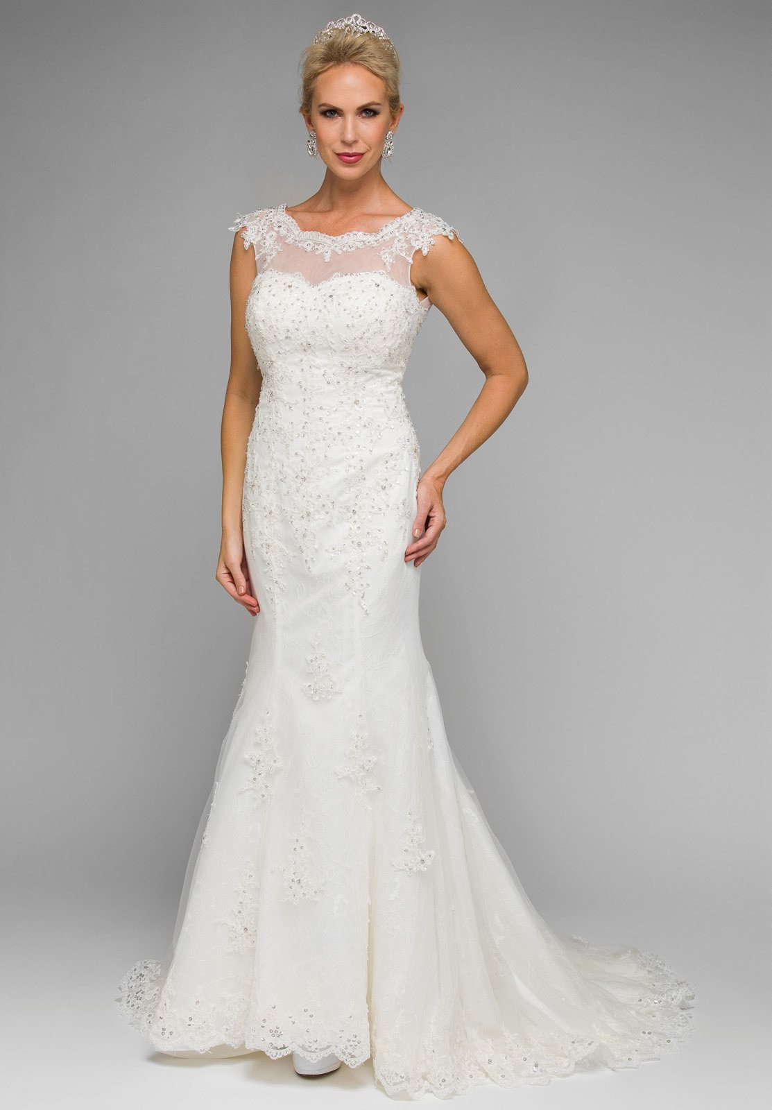 Sweetheart Wedding Gown
 White Illusion Sweetheart Neckline Beaded Wedding Gown