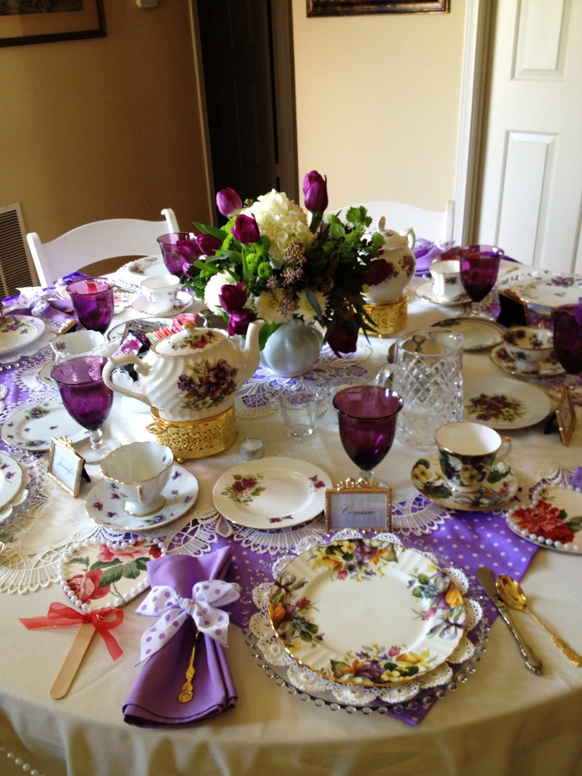 Tea Party Setup Ideas
 Make it Delightful Tea Table in Purples Polka Dots