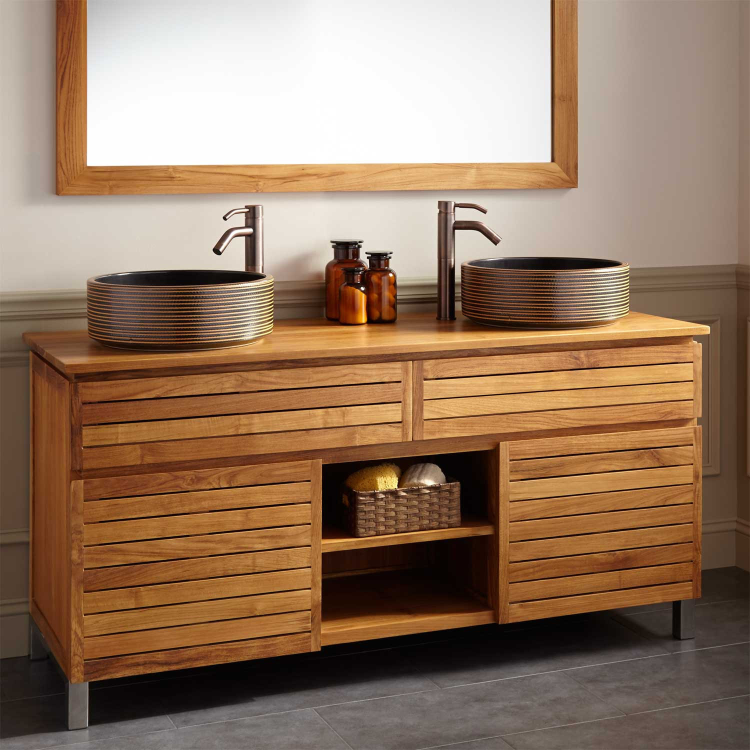 Teak Bathroom Storage
 60" Caldwell Teak Double Vessel Sink Vanity Natural Teak