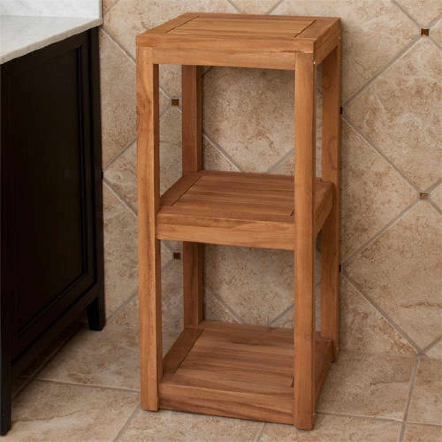 Teak Bathroom Storage
 wood towel shelf