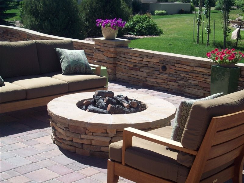 Terrace Landscape Fire Pit
 Terraced Backyard Design with Radius Walls Landscaping