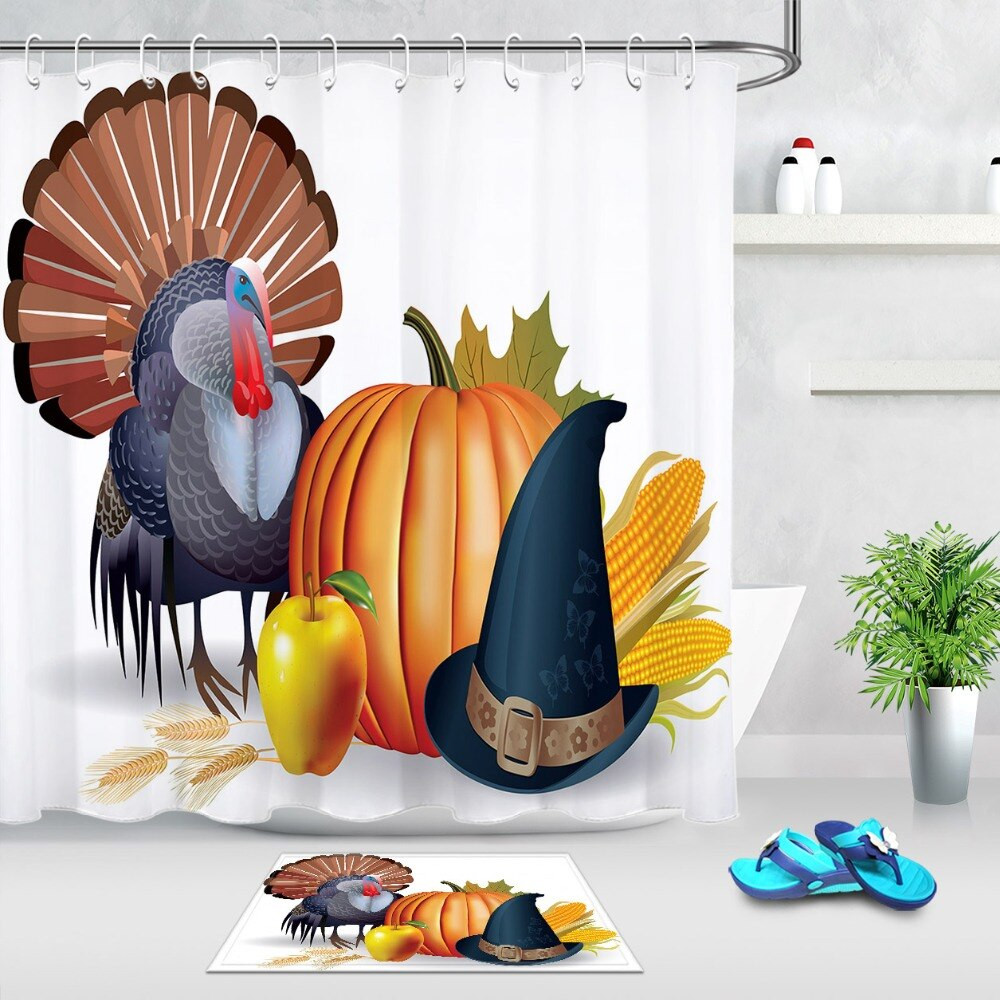 Thanksgiving Bathroom Set
 LB Thanksgiving Turkey Pumpkin Hat White Shower Curtain