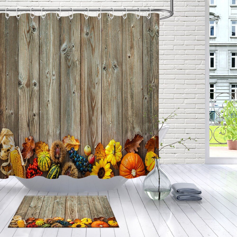 Thanksgiving Bathroom Set
 LB Autumn Harvest Rustic Wooden Shower Curtain