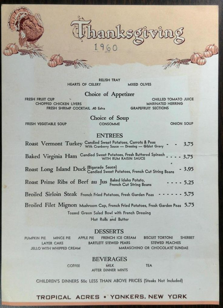 Thanksgiving Dinner 2020 Restaurants
 1960 Original Thanksgiving Menu TROPICAL ACRES Restaurant