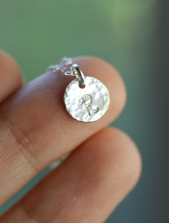 Tiny Charm Necklace
 Small Silver Initial Necklace Tiny Charm Hammered by