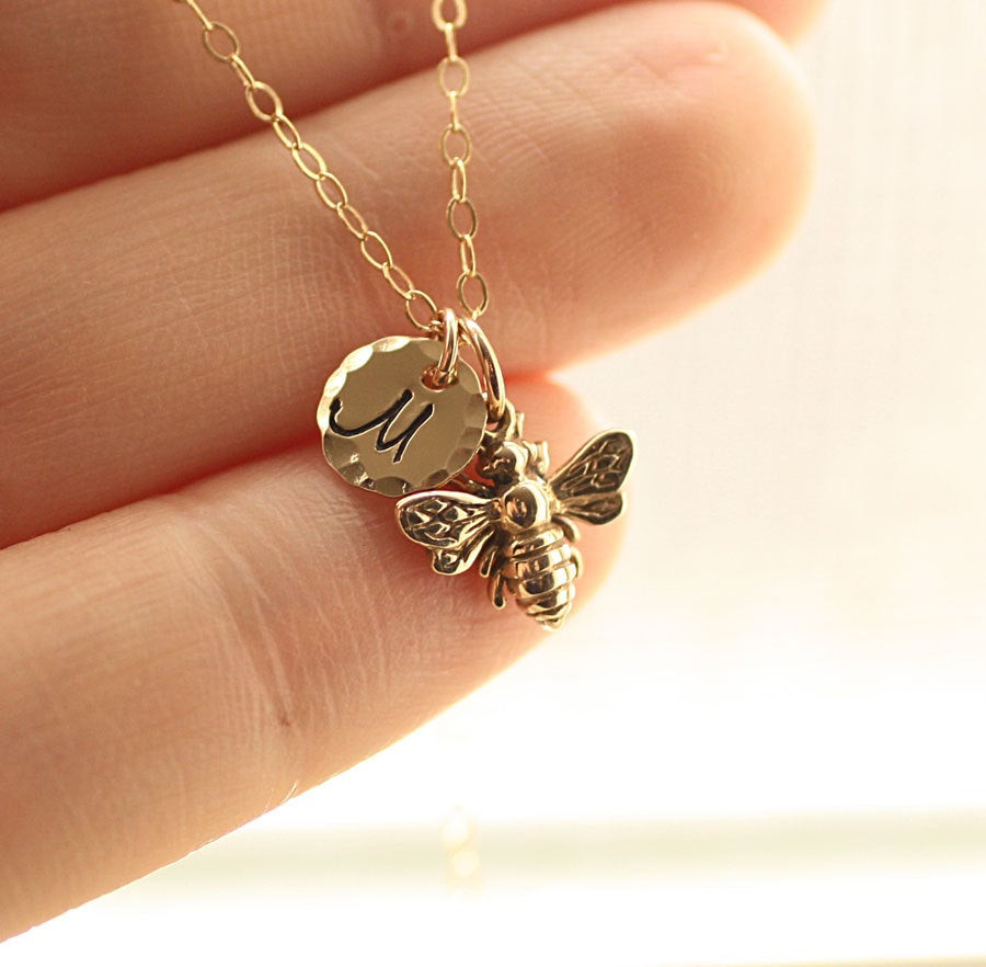 Tiny Charm Necklace
 Tiny Honey Bee Necklace Gold Initial Charm Necklace