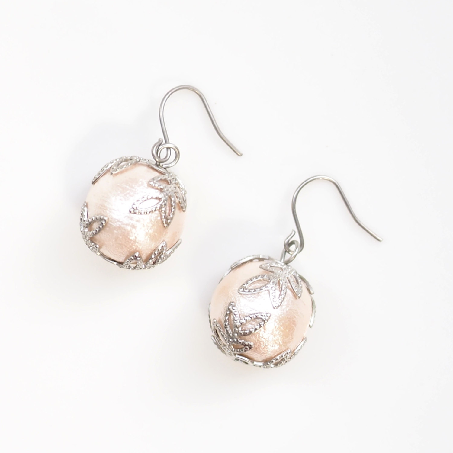 Titanium Earrings For Sensitive Ears
 Cotton Pearl Titanium Earrings for Sensitive Ears Bridal Pink