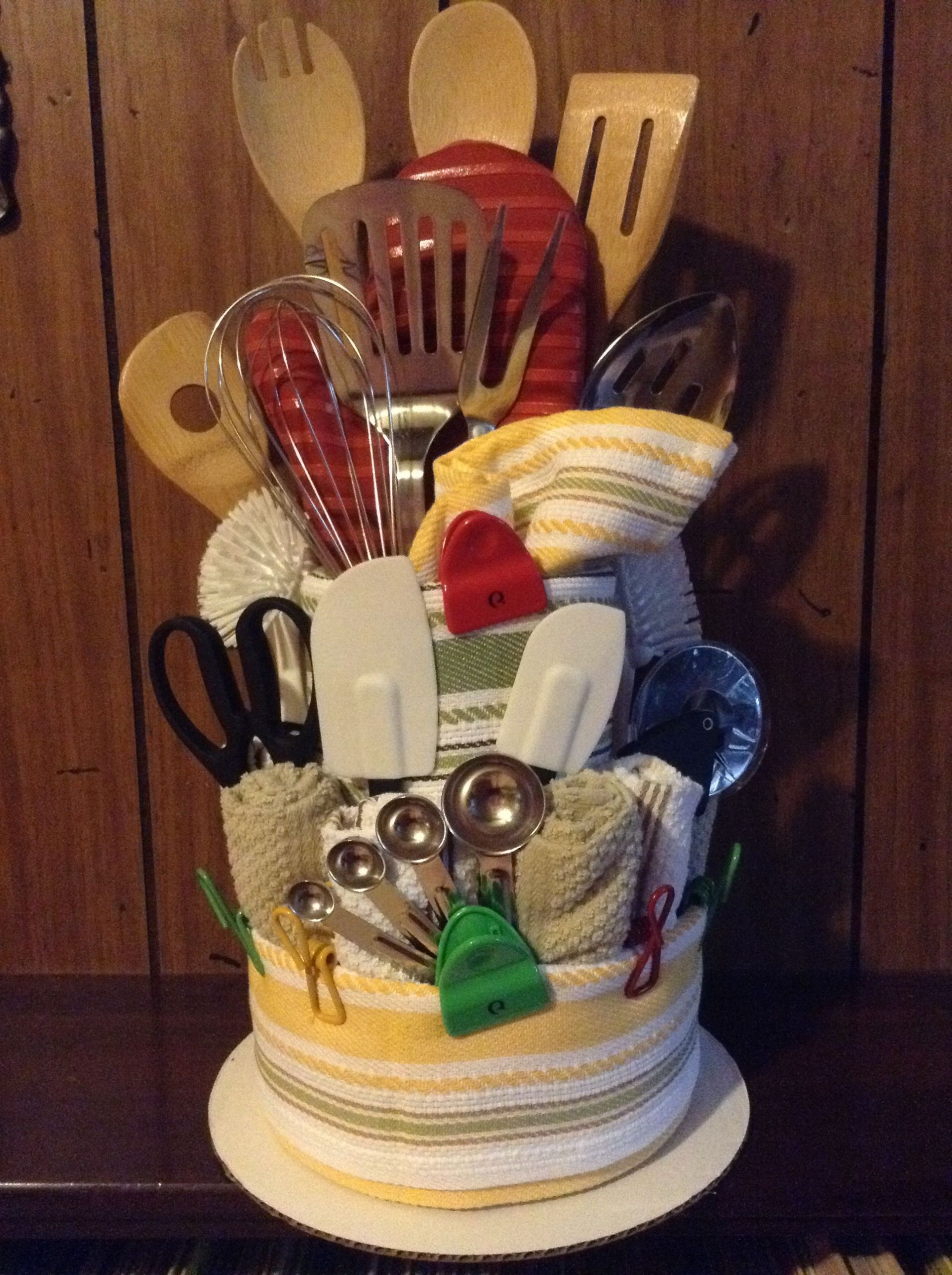 Towel Gift Basket Ideas
 Kitchen dish towel cake my mom and I made as a wedding