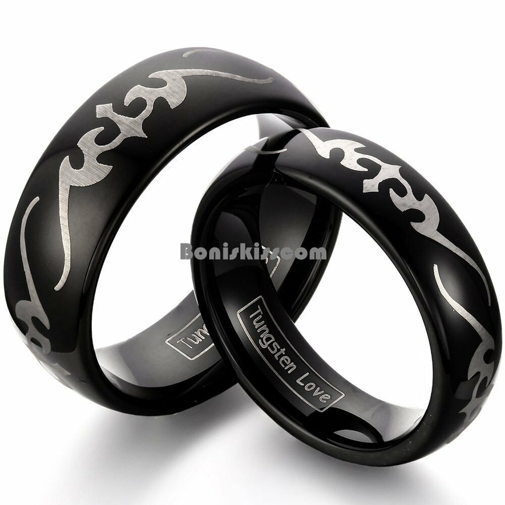 Tribal Wedding Bands
 Polish Black Dome Tungsten Carbide Ring Laser Etched