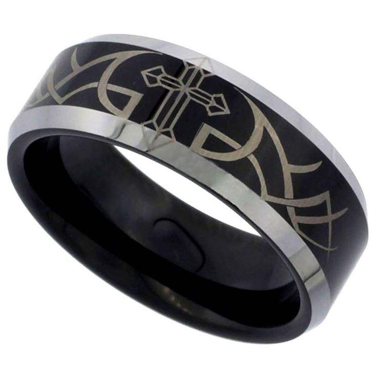 Tribal Wedding Bands
 8Mm Black Tungsten Wedding Band Ring Etched Cross Tribal