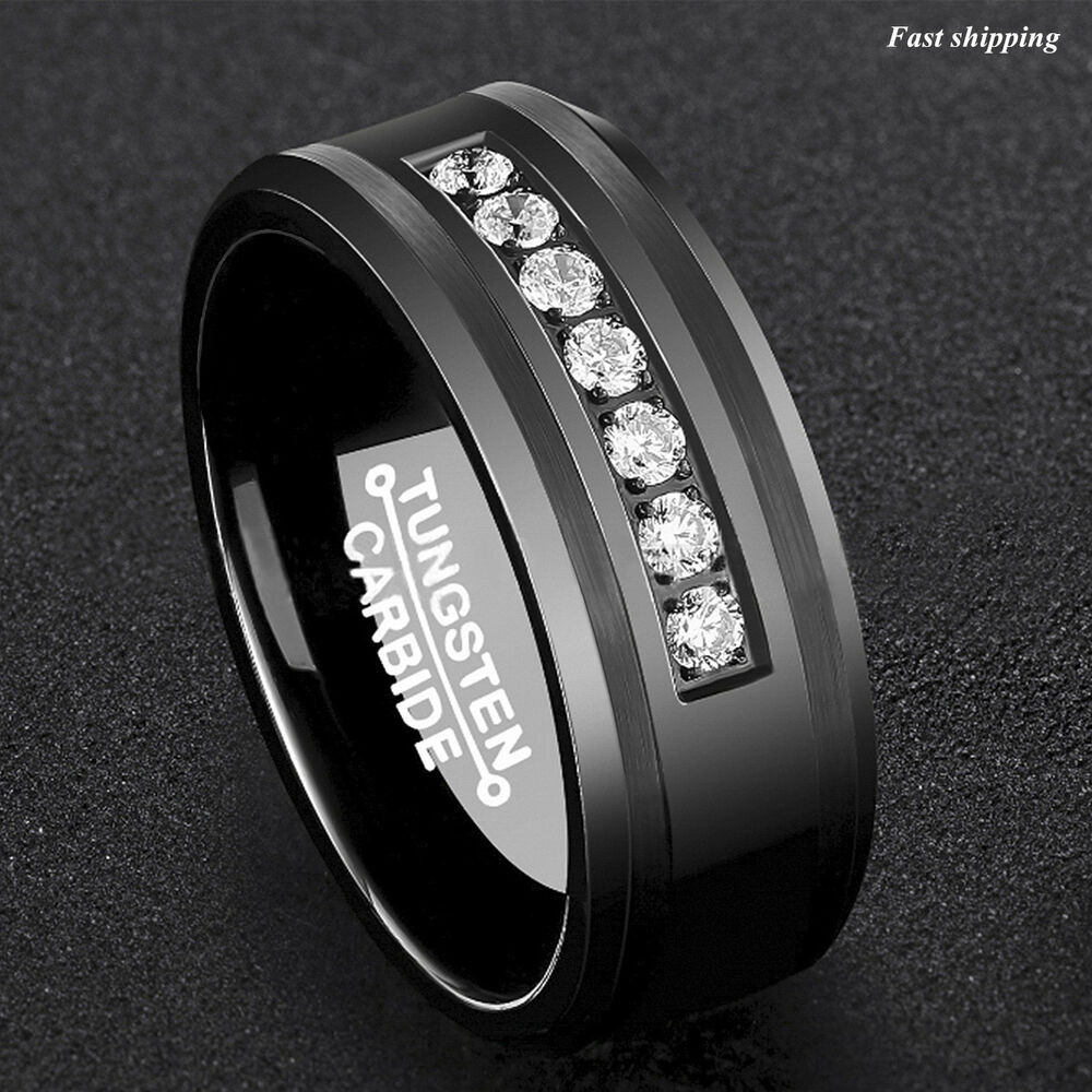 Tungsten Wedding Ring
 8Mm Black Tungsten Carbide Ring Diamonds Inlay fort Fit