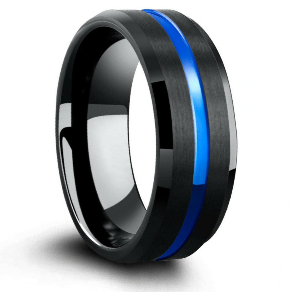 Tungsten Wedding Ring
 Blue Ocean Black 8mm & 6mm Charcoal Black Tungsten