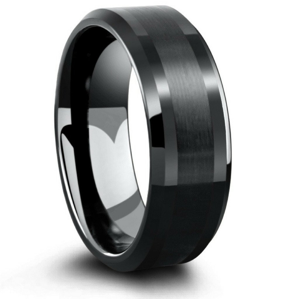 Tungsten Wedding Ring
 8mm Black Tungsten Wedding Band With Satin Center Stripe