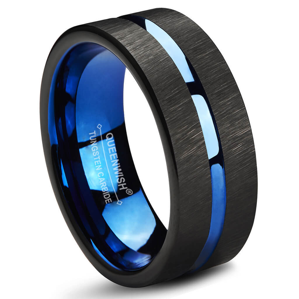 Tungsten Wedding Ring
 Queenwish Blue & Black Tungsten Carbide Wedding Band 8mm