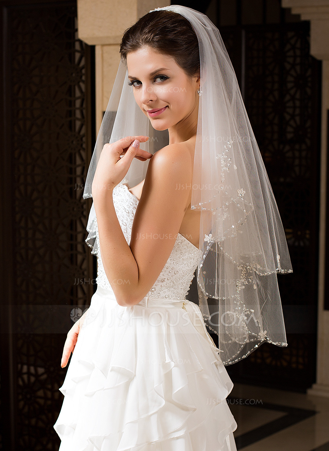 Two Tier Wedding Veil
 Two tier Elbow Bridal Veils With Beaded Edge