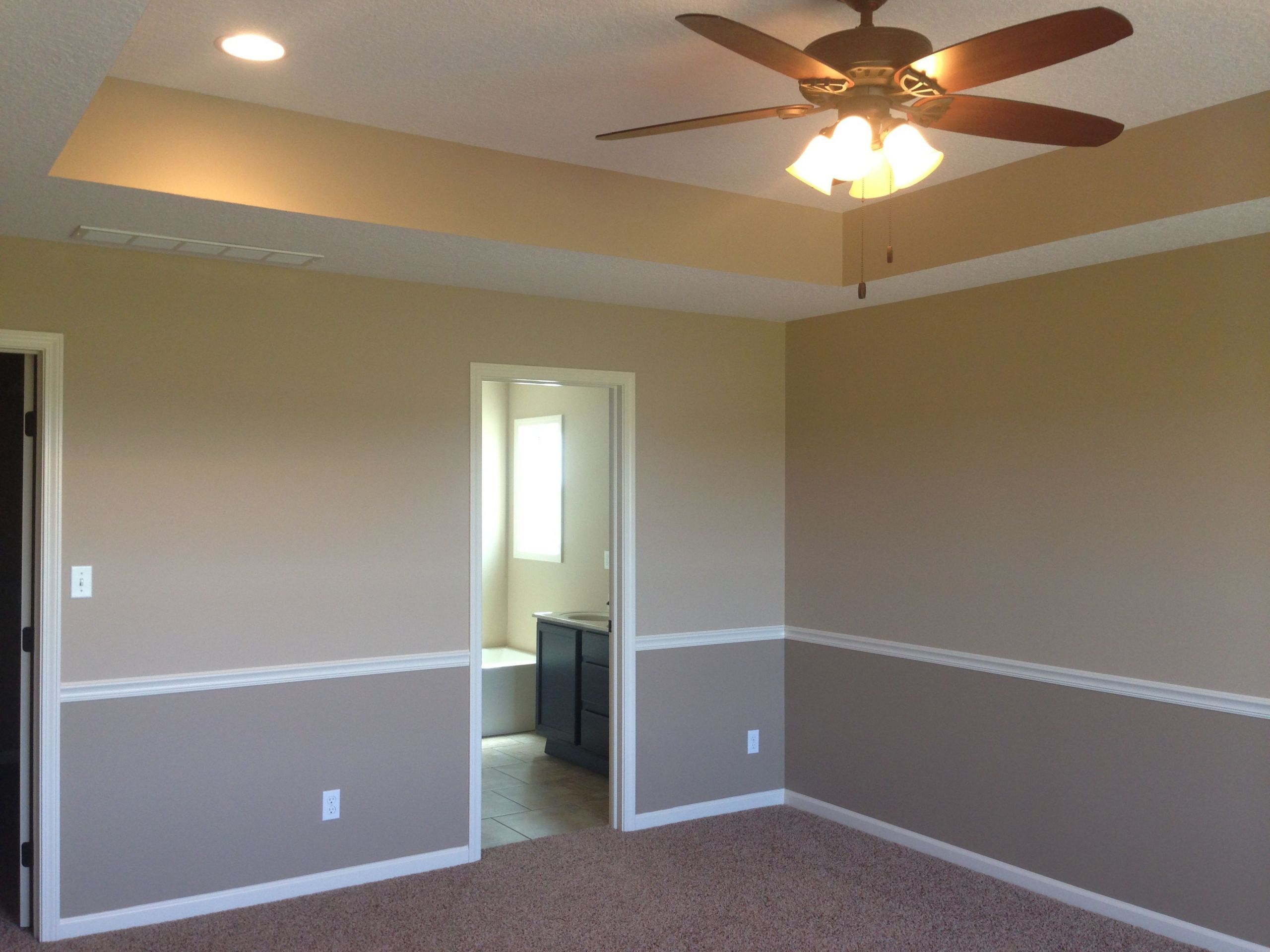 Two Tone Bedroom Walls
 I like the tray ceiling and two tone walls with chair rail