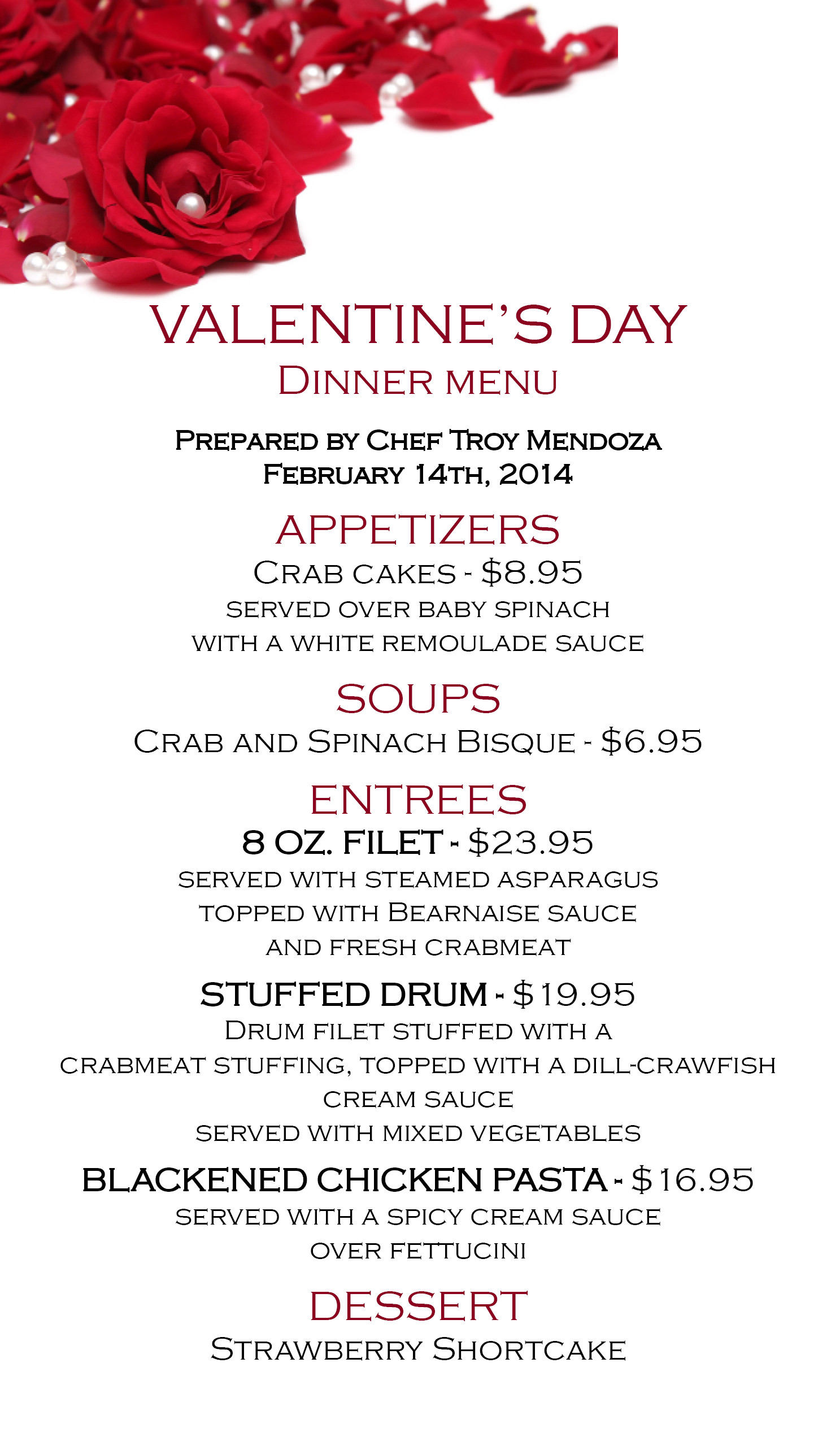 Valentine Day Dinner Menu
 Cajun Creole Food