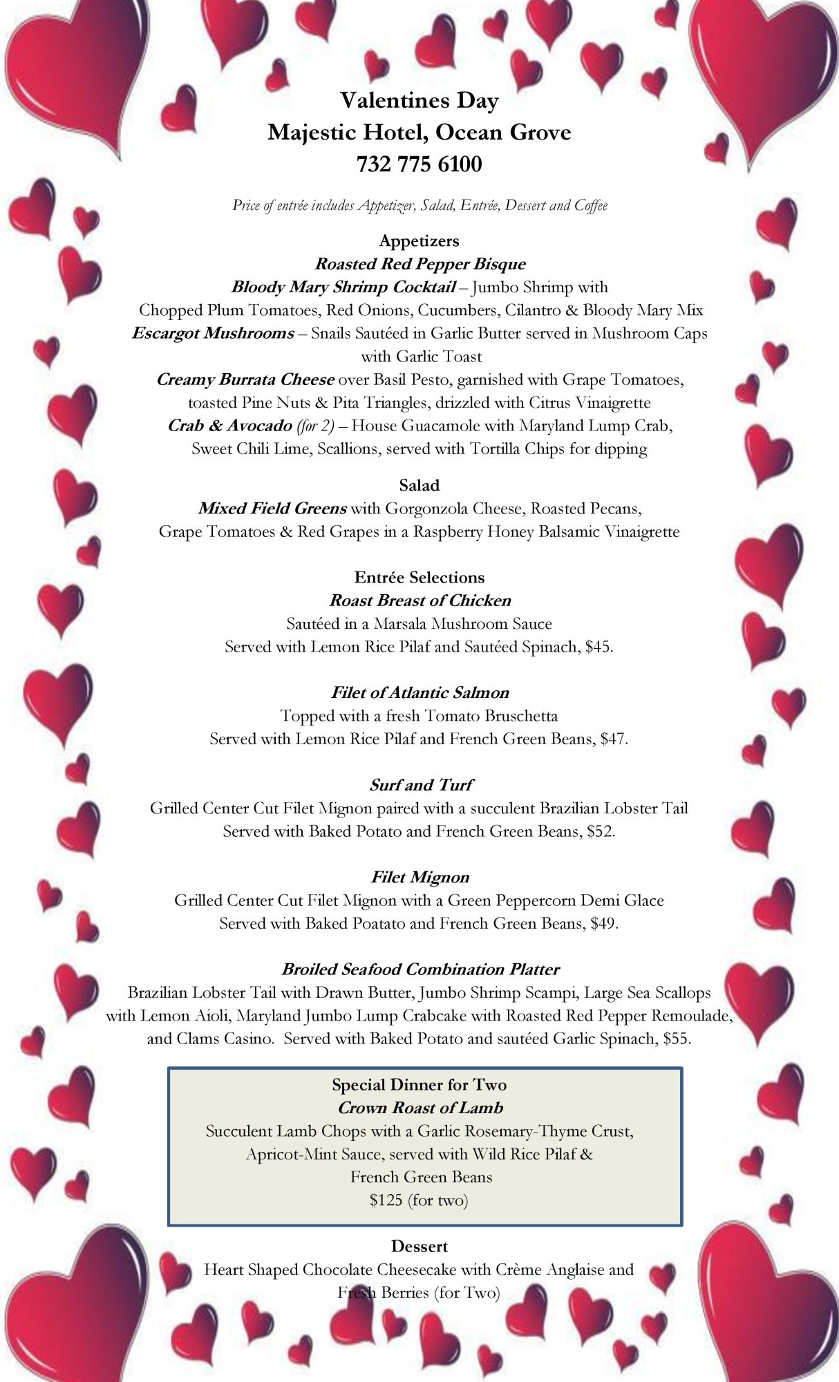 Valentine Day Dinner Menu
 The Majestic News Archives The Majestic Hotel Ocean