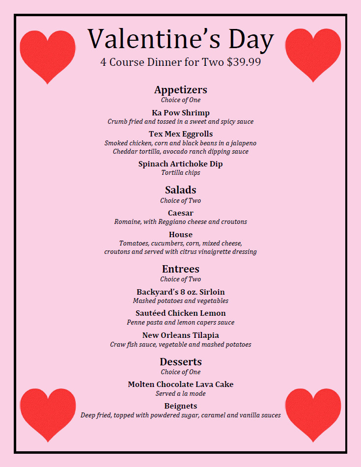 Valentines Dinner Menus
 Valentine s Day Dinner Backyard Grill Restaurant