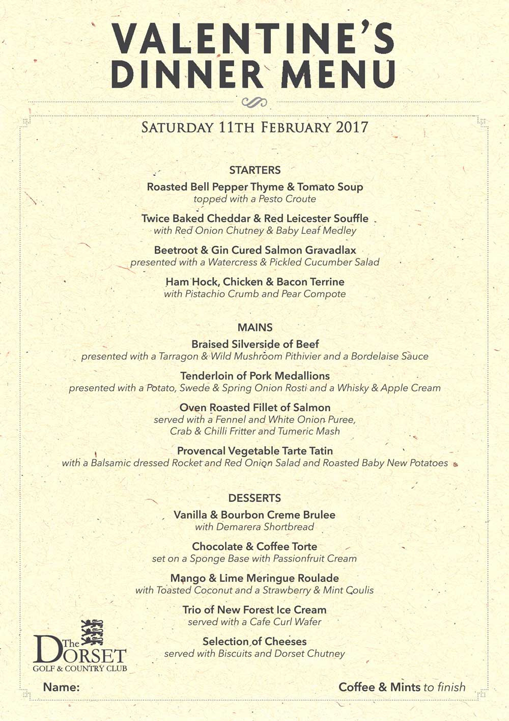 Valentines Dinner Menus
 VALENTINES DINNER MENU NEW 17 The Dorset Golf Resort