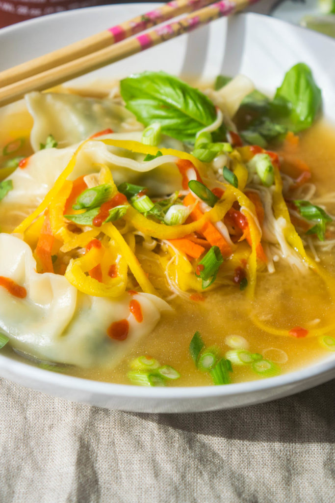 Vegan Dumplings Soup
 Vegan Dumpling Soup with Carrot Noodles and Enoki