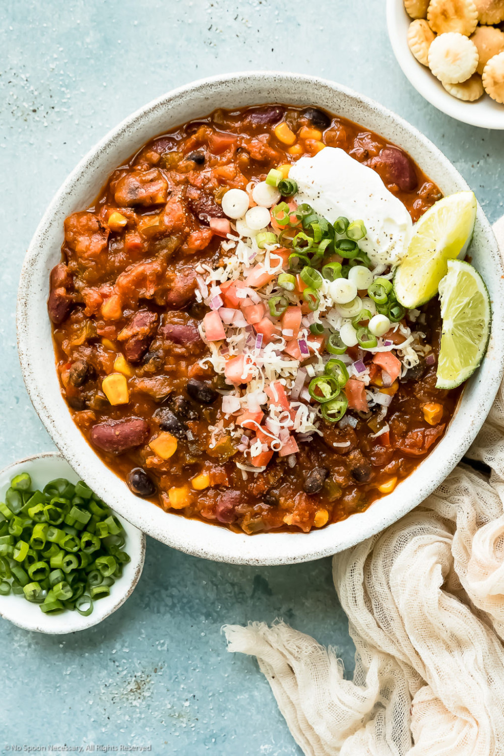 Vegetarian Great Northern Bean Recipes
 Overhead photo of Ve arian 3 Bean Chili garnished with