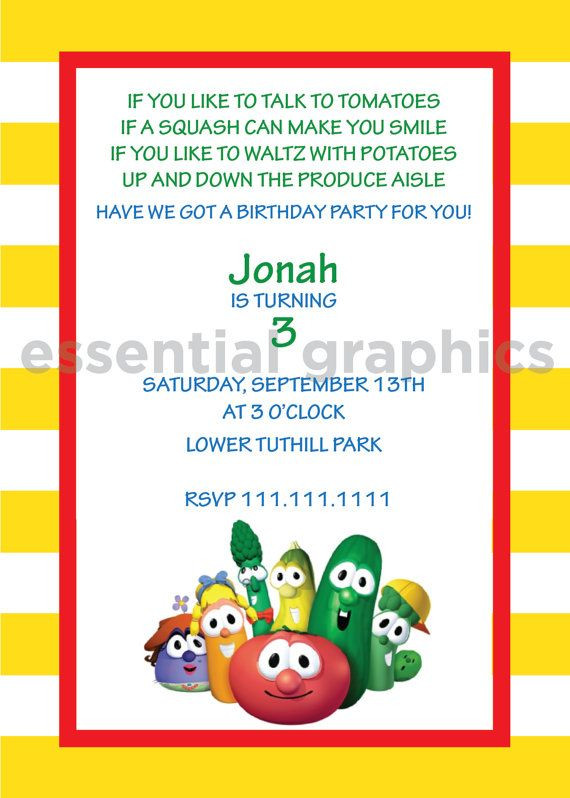 Veggie Tales Birthday Invitations
 5x7 Customized invitation card for VeggieTale birthday