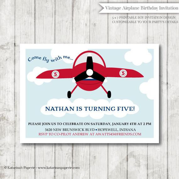 Vintage Airplane Birthday Invitations
 Vintage Airplane Birthday Party Invitation by KatarinasPaperie