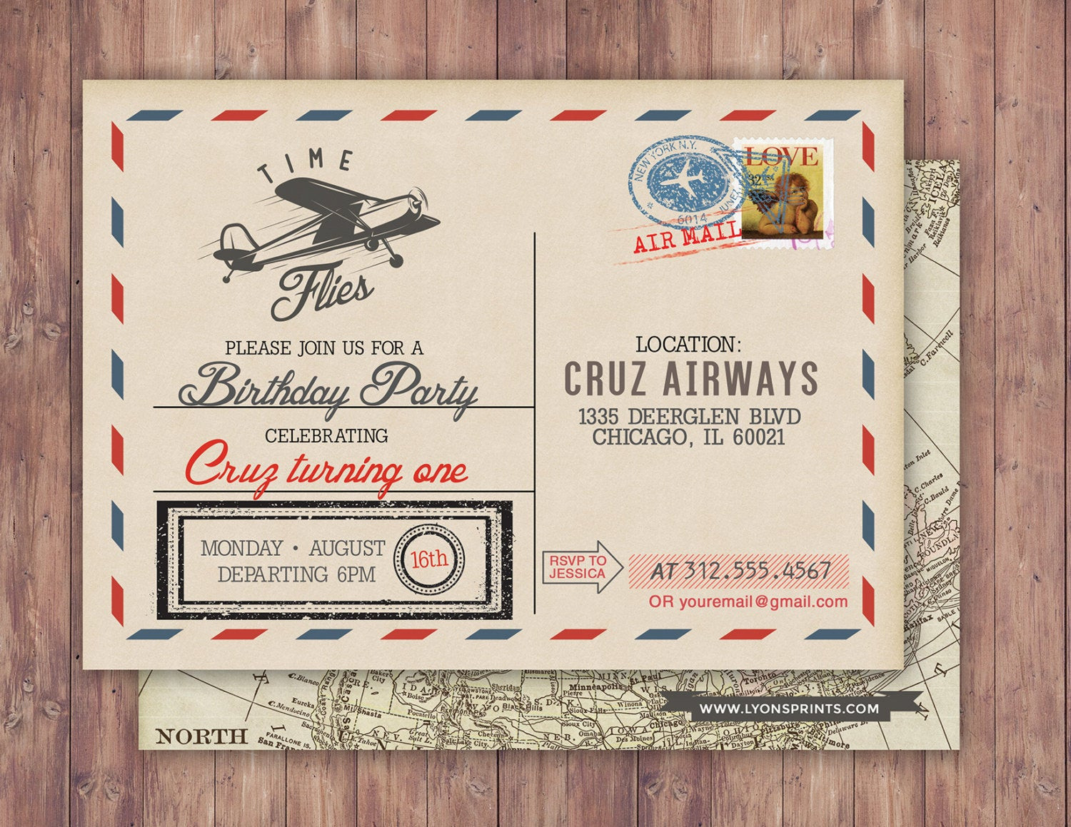 Vintage Airplane Birthday Invitations
 Time flies Vintage Airplane post card Birthday Invitation