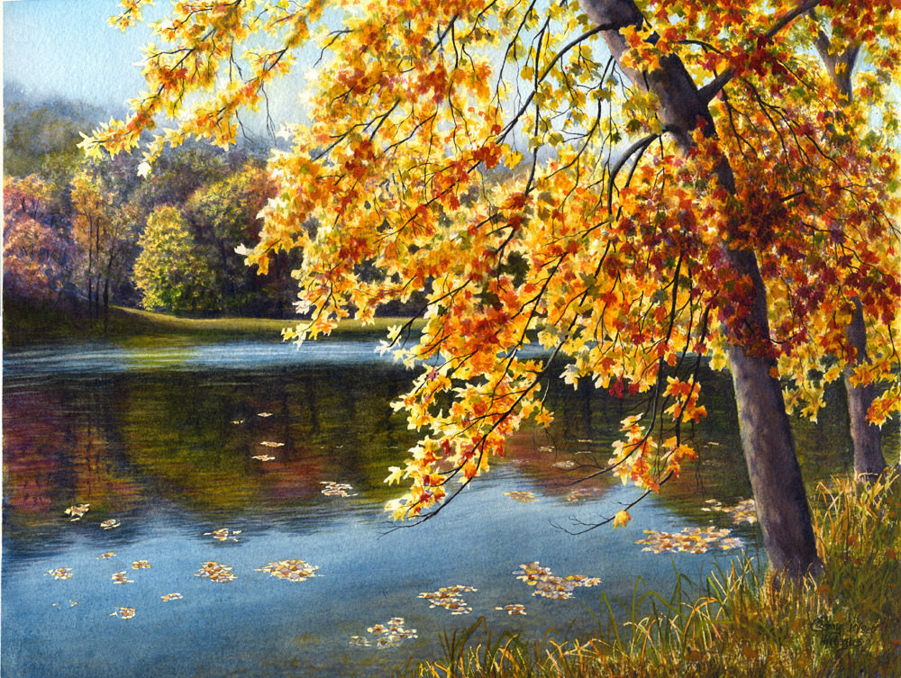 Watercolor Painting Landscape
 Autumn lake watercolor landscape painting print by Cathy