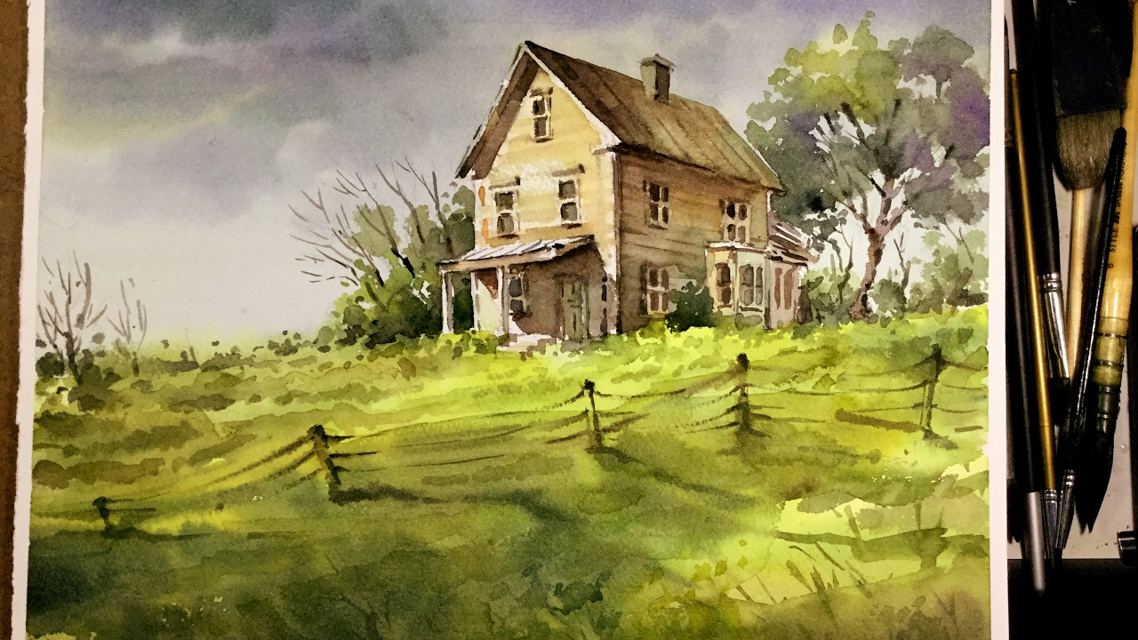 Watercolor Painting Landscape
 Watercolor Landscape Painting Old little house in the