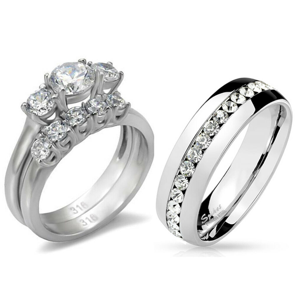 Wedding Band Sets His And Hers
 His Hers 3 PCS Stainless Steel Womens Wedding Ring Set and