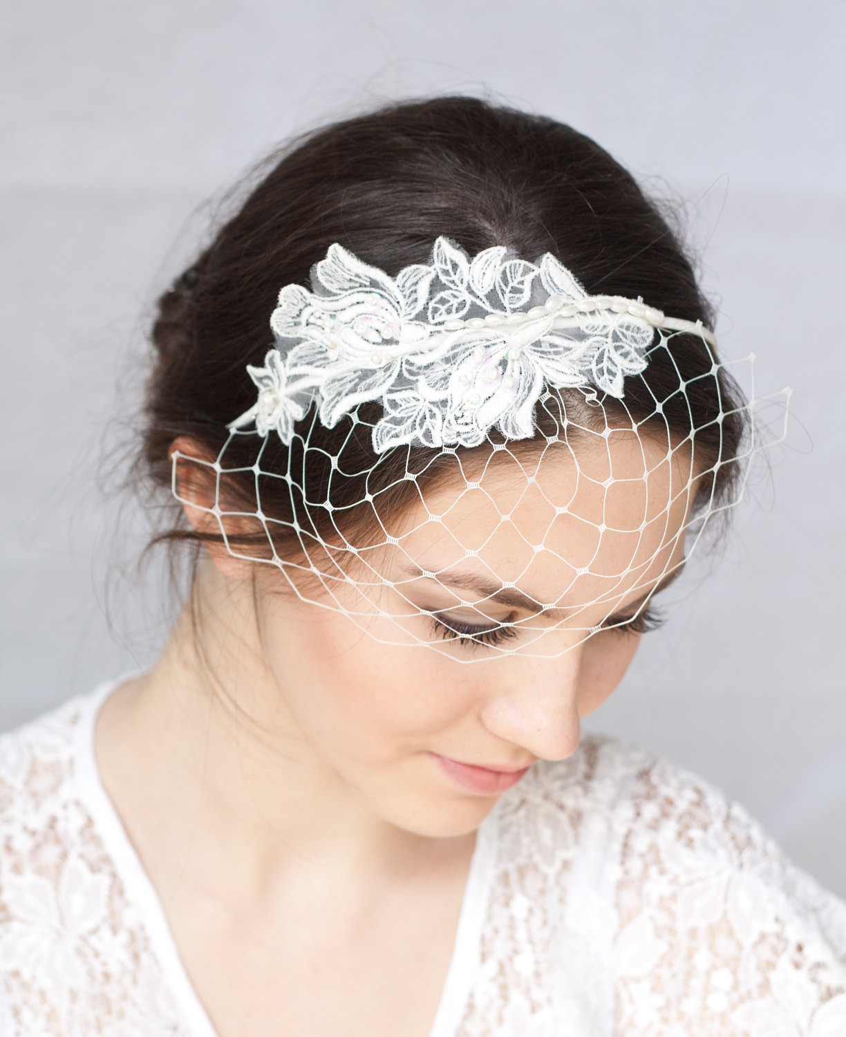 Wedding Birdcage Veils
 Bridal ivory birdcage veil with lace wedding by