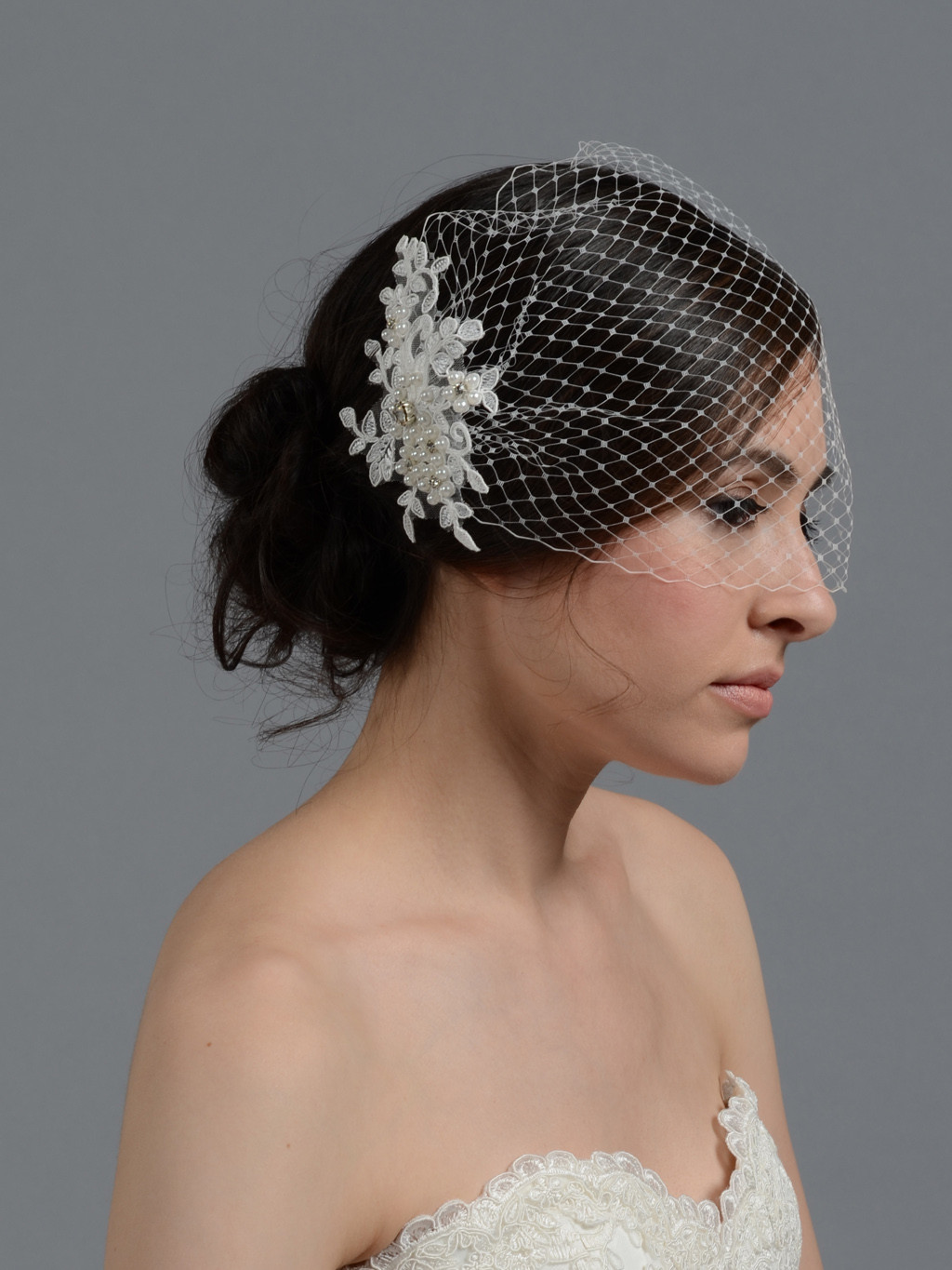 Wedding Cage Veils
 Ivory blusher birdcage veil with alencon lace BVF010