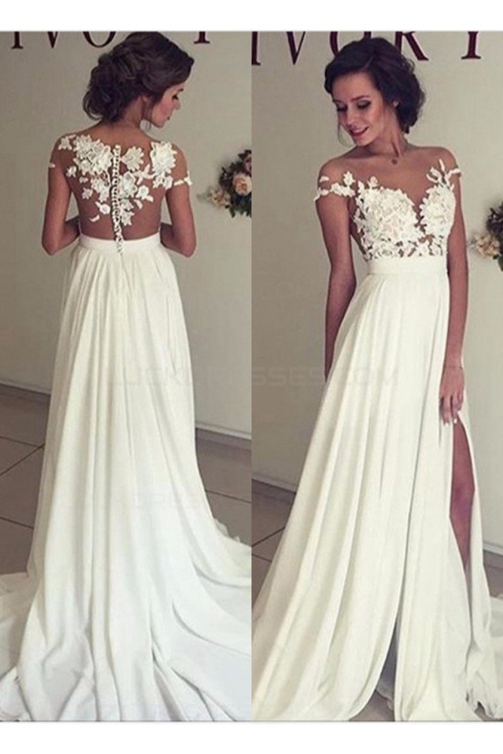Wedding Gowns Lace
 Elegant Illusion Bodice Lace Chiffon Wedding Dresses