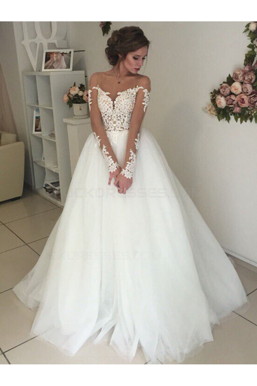 Wedding Gowns Lace
 Long Sleeves Lace Illusion Neckline Wedding Dresses Bridal