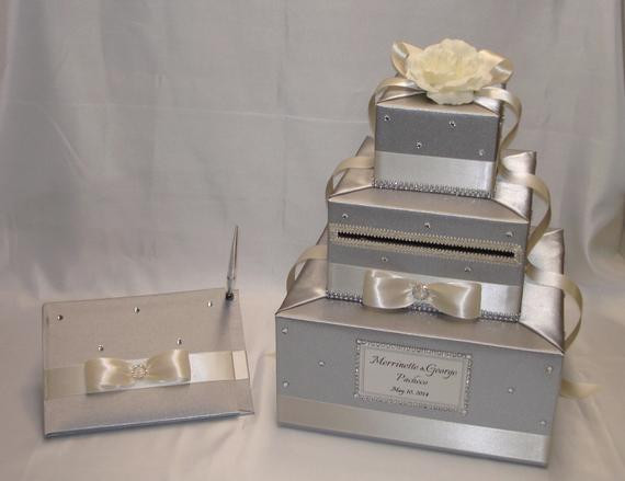 Wedding Guest Book And Card Box
 Silver and Ivory Wedding Card Box Guest book and Pen set