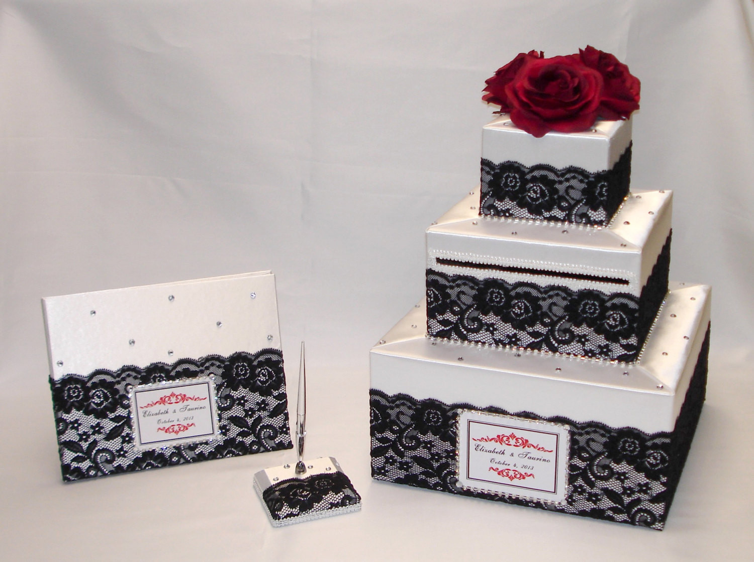 Wedding Guest Book And Card Box
 Elegant Lace decorated Wedding Card Box Guest Book and Pen