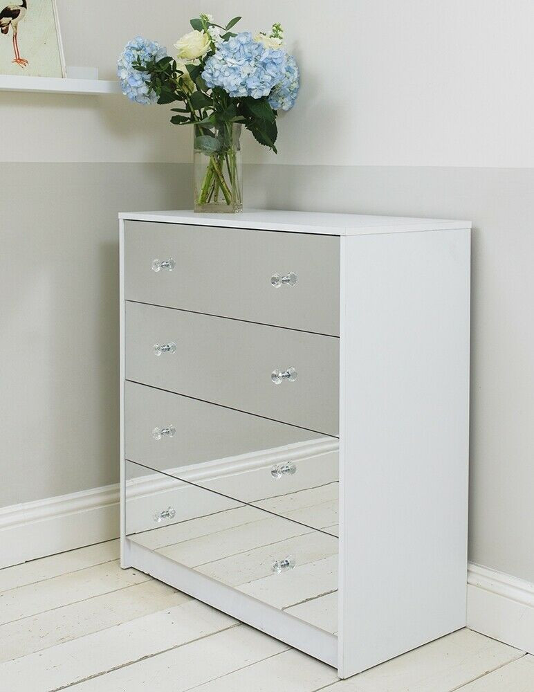 White Bedroom Cabinet
 Four Drawer White Mirrored Chest of Drawers Cabinet