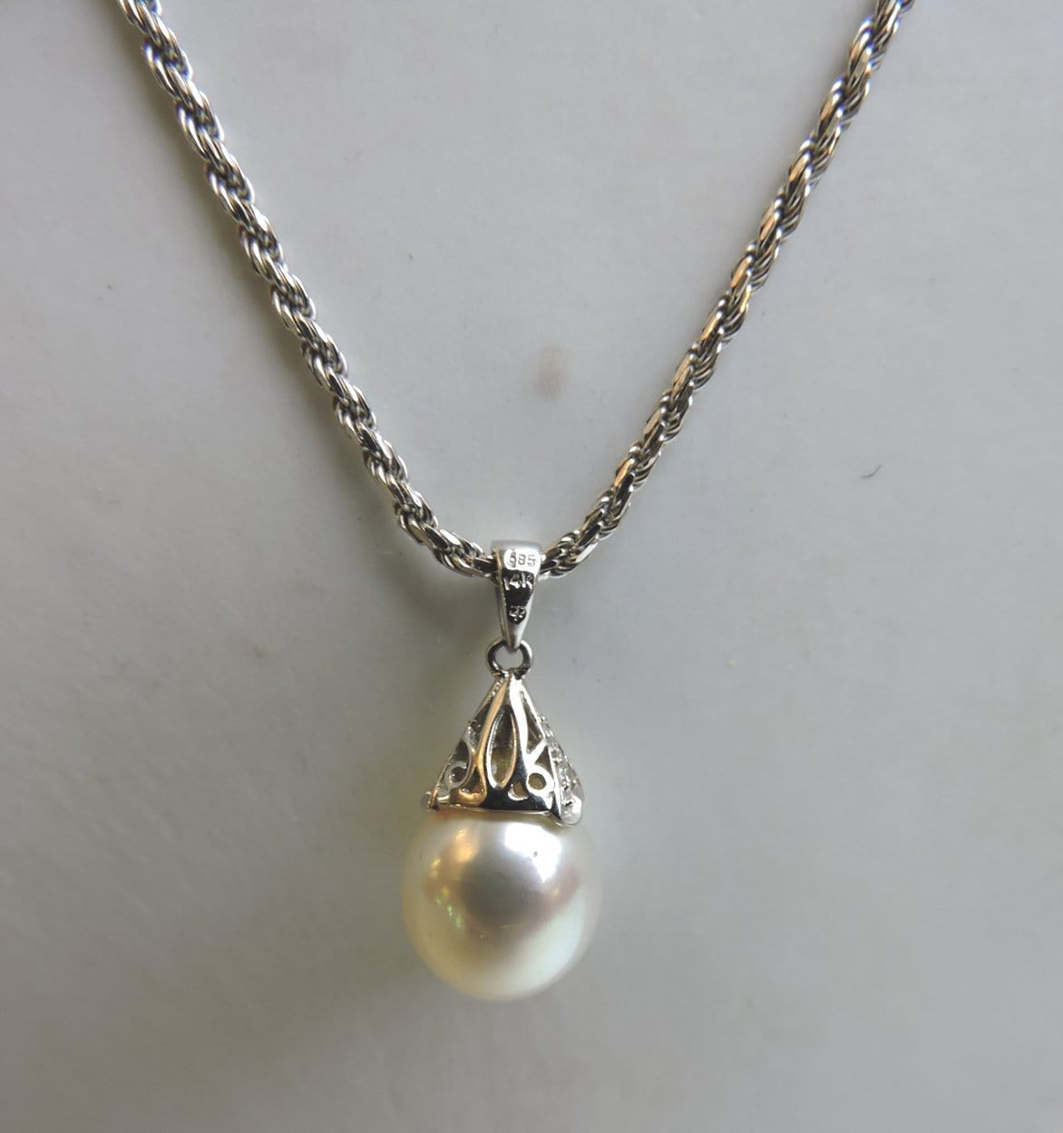 White Gold Necklace With Pendant
 Vintage Pearl & Diamond Teardrop 14k Pendant with 18k