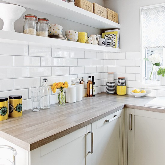 White Kitchen Tile
 White kitchen with metro tiles and open shelves