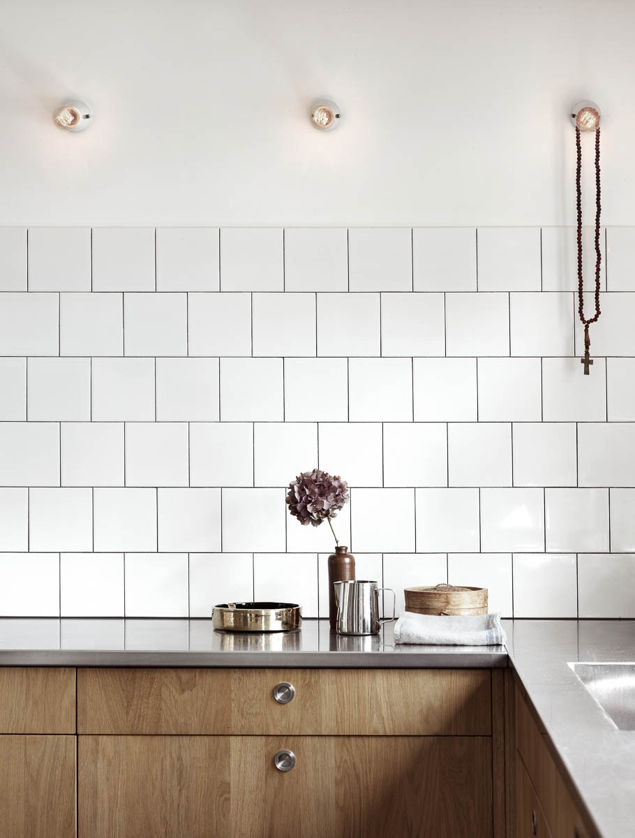 White Kitchen Tile
 decordots Wooden kitchen cabinets and concrete floor