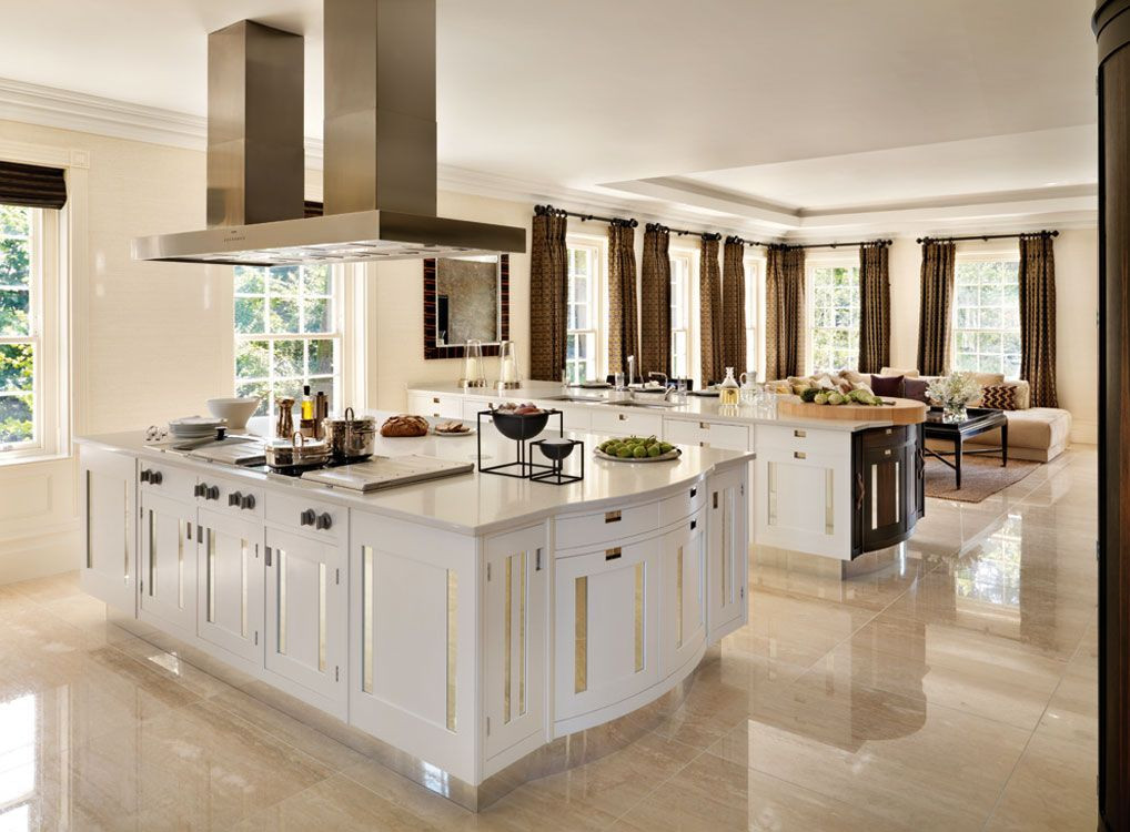 White Marble Kitchen Floor
 Good example of white kitchen with tan marble floors but