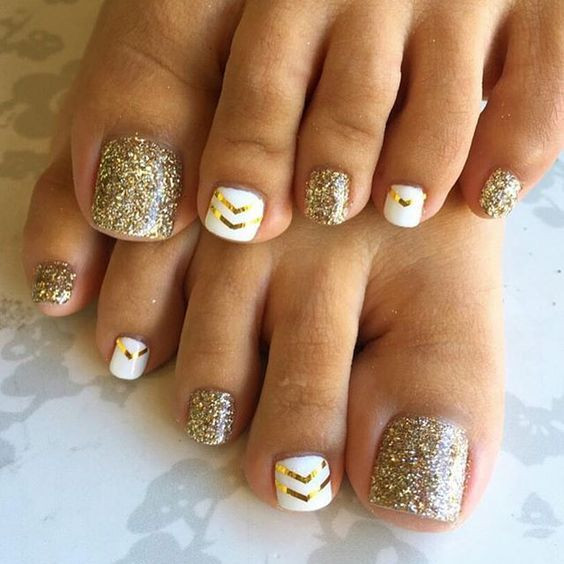 White Nails With Gold Glitter
 20 Toe Nails Designs That Fit Any Occasion Styleoholic