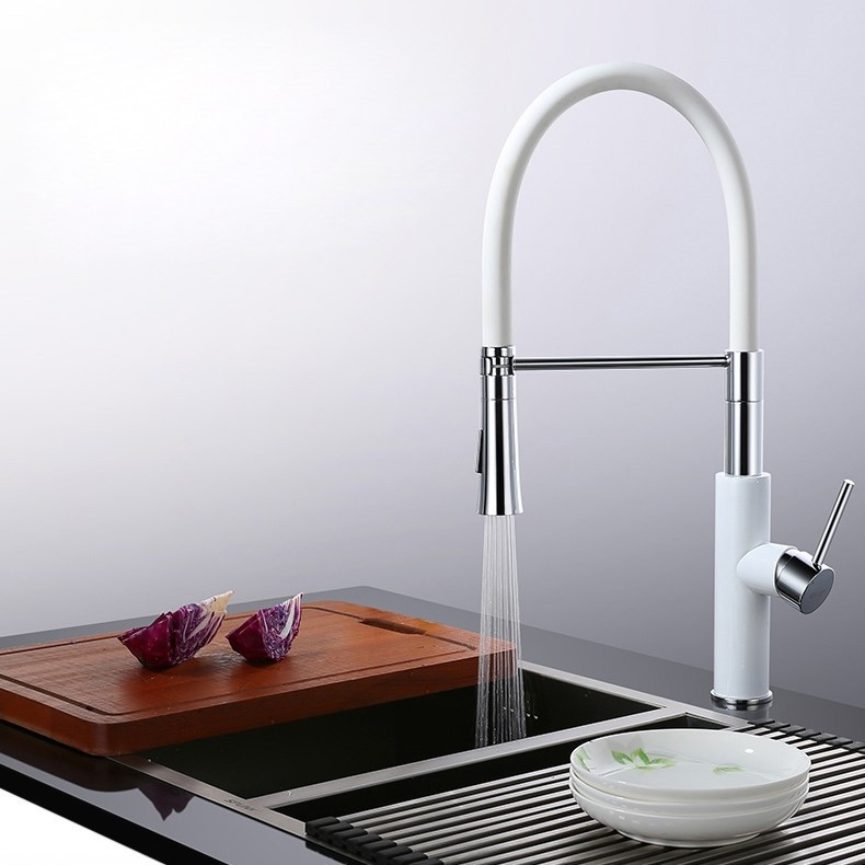 White Pull Down Kitchen Faucet
 Luxury Modern Sleek White & Chrome Pull Down Spray Kitchen