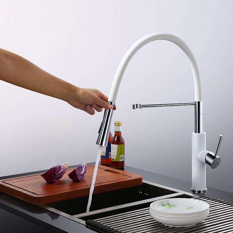 White Pull Down Kitchen Faucet
 Luxury Modern Sleek White & Chrome Pull Down Spray Kitchen