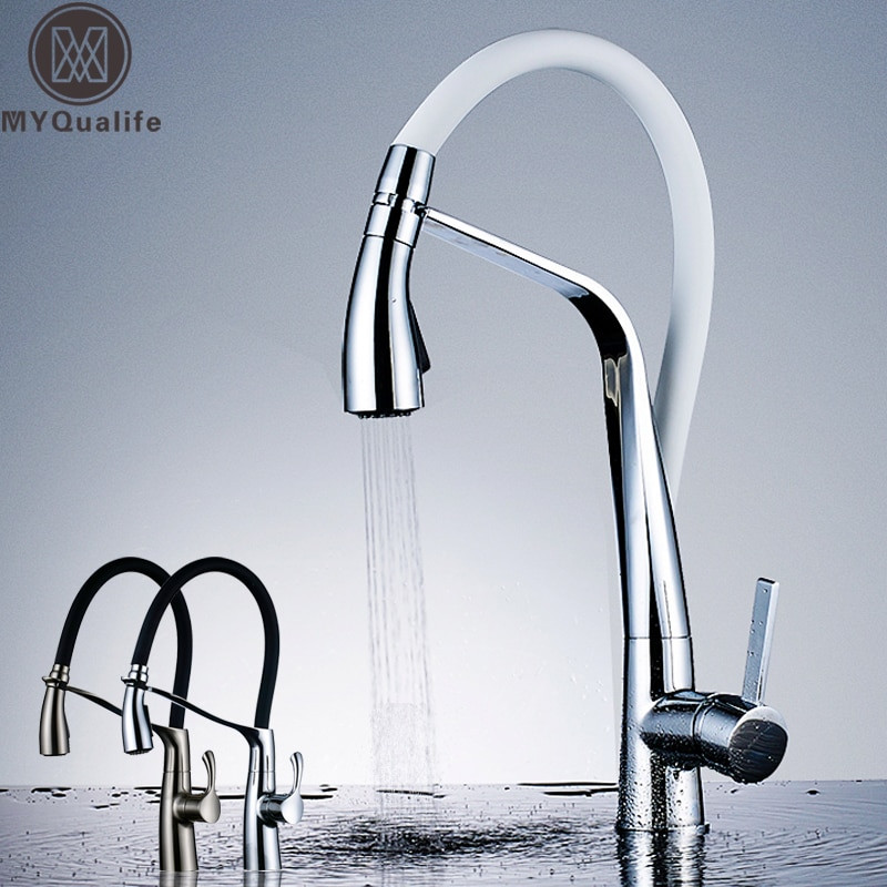 White Pull Down Kitchen Faucet
 Chrome White Kitchen Faucet Deck Mounted Hot Cold Water