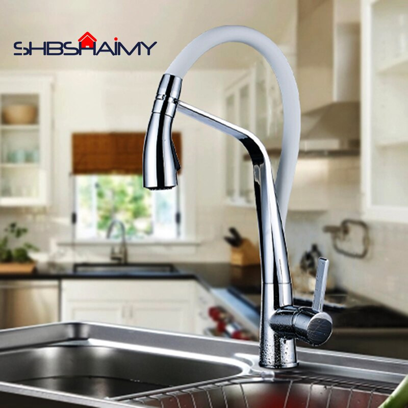 White Pull Down Kitchen Faucet
 Deck Mounted Chrome Polished White Kitchen Faucet Hot Cold