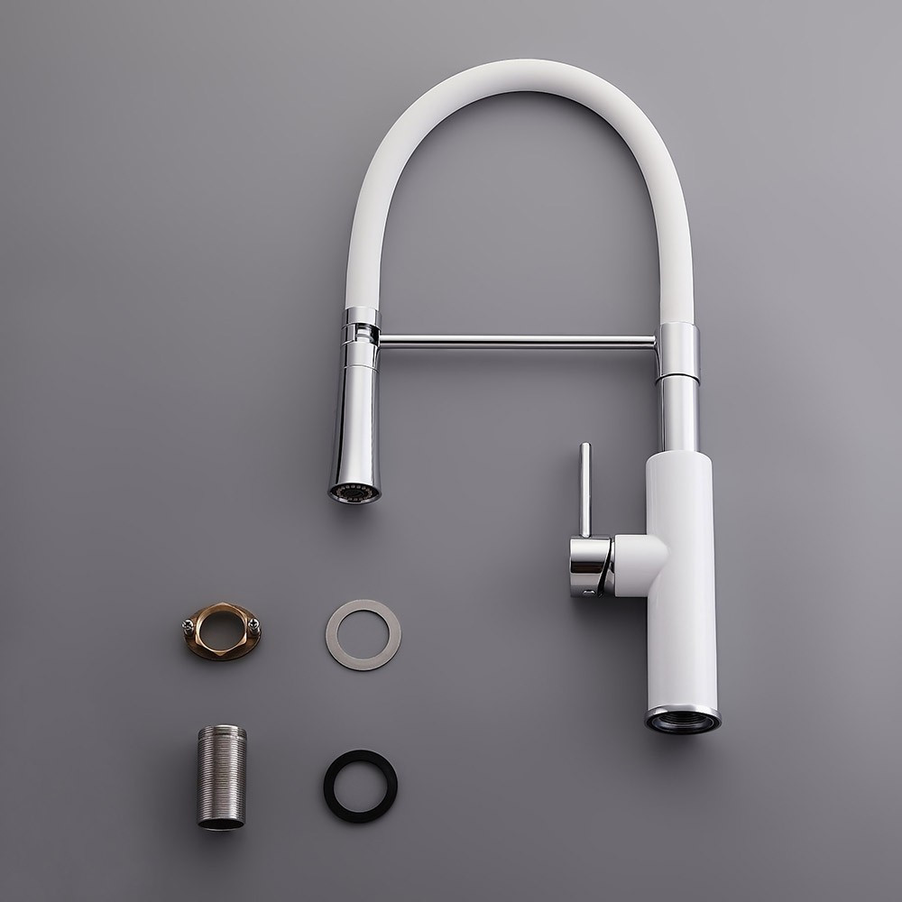 White Pull Down Kitchen Faucet
 Modern Sleek White & Chrome Pull Down Spray Kitchen Faucet