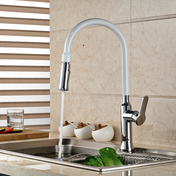 White Pull Down Kitchen Faucet
 Good Quality White and Chrome Finish Dual Function Single